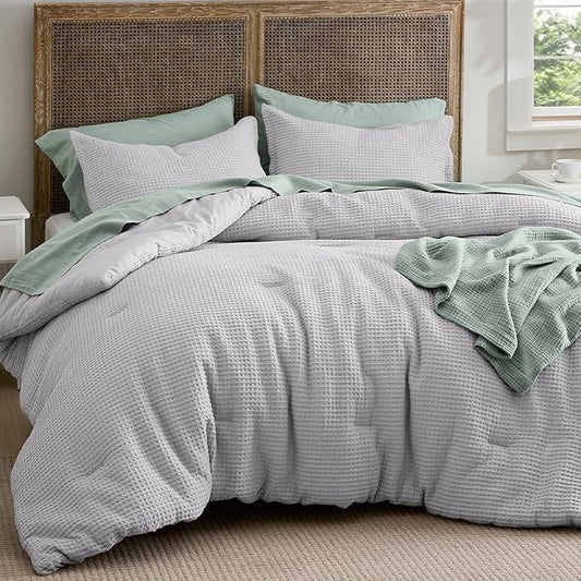 Bedsure Waffle Comforter Set King, Grey Soft Bedding, Waffle Weave Bed Set, 3 Pieces, 1 Comforter (104"x90") and 2 Pillow Shams, Cotton Shell and Polyester Lining for All Seasons