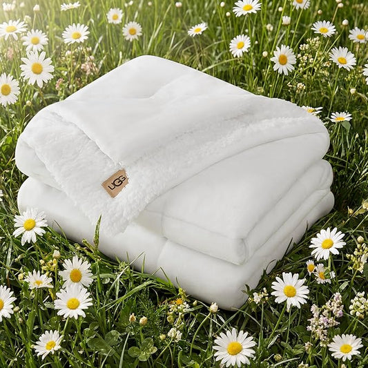 UGG Nita Throw Blanket for Couch, Soft Reversible Plush Throw for Bed or Living Room, Cozy Fluffy Soft Blanket, Washable Bedding, Spring Decor, 50-inch x 70-inch, White Snow