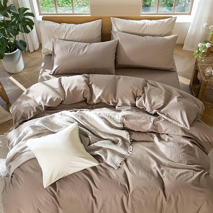 MooMee Bedding Pillowcases Pack of 2 100% Washed Cotton Linen Like Textured Breathable Durable Soft Comfy (Solid Brown, King)