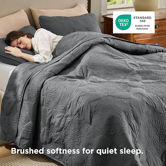 Bedsure King Quilt - Dark Grey Bedspread King Size & Lightweight Comforter, Modern Coverlet with Mandala Pattern, Ultra Soft All-Season Bedding, 106 x 96 Inches | Stitch-Free Quilting, Ultra Soft, Lightweight, Machine Washable, Pet-Friendly