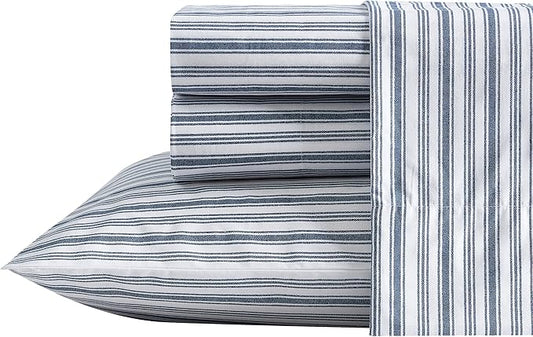 Nautica - King Size Sheets, Cotton Percale Preppy Bedding Set, Crisp & Cool, Lightweight & Breathable (Coleridge Stripe Blue, King)