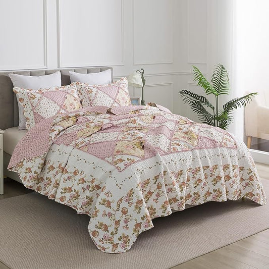 HoneiLife Quilt Set King Size - Fluffy Bedspreads 106x96, Microfiber Quilts 3-Piece, Patchwork Coverlet Rustic Bedding Sets All Season Quilts