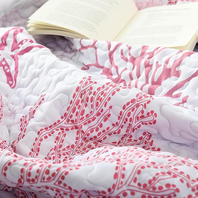weigelia Coastal Quilts Bedding Set King Size - Pink Summer Nautical Bedding Quilt with Pillow Cases, Beach Reversible Quilt Set Ocean Coral Bedspreads Coverlet Soft Lightweight Comforter