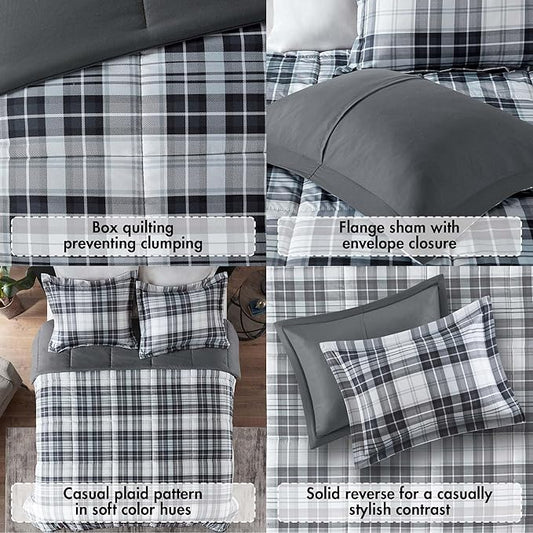 Madison Park Essentials Parkston Plaid Comforter, Matching Sham, 3M Scotchguard Stain Release Cover, Hypoallergenic All Season Bedding-Set, Twin/TwinXL, Black, 2 Piece