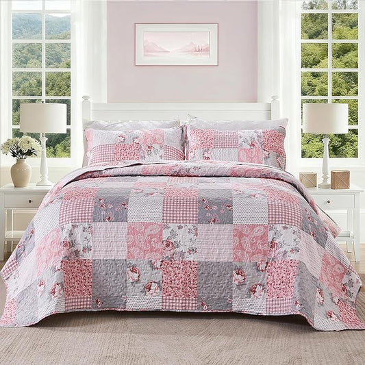 Oversized Alaska King Size Quilt Set Pink Grey Floral Plaid Patchwork Quilt 132x120 Extra Wide Super Reversible Quilted Bedspread Coverlet 3-Piece Comforter Bedding Set Bed Cover with 2 Pillow Shams | Oversized King Quilt, Alaska King Quilt, Pink Patch...