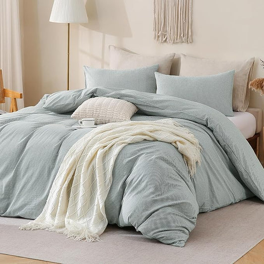 TOCOMOA Mini Gingham Green Duvet Cover Bedding Set 100% Washed Cotton Like Linen Feel Super Soft Comfortable 3 Piece Small Plaid Checkered Comforter Cover Set (Queen 90"x90", Comforter Not Included)