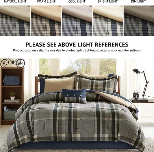 Intelligent Design Robbie 9-Piece Queen Comforter Set โ Lightweight All-Season Plaid Bedding, Navy/Tan, Cozy Bed-in-a-Bag with Matching Shams & Decorative Pillow, Modern Casual Style