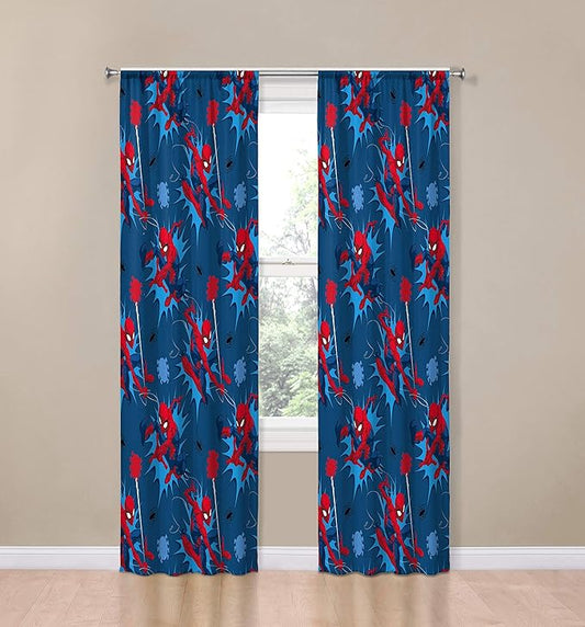 Jay Franco Kids Window Drapes - 4 Piece Curtain Set Includes 2 Tiebacks, Beautiful Bedding Room Décor and Easy Set Up, Blue - Spiderman, 84 Inch