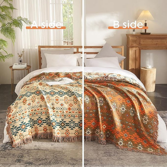 Boho Throw Blanket for Bed 60”x80”, 100% Cotton Woven Blanket for Couch Sofa, Ultra Soft 4-Layer Muslin Quilt with Diamond Pattern, Farmhouse Bed Blanket/Cover for Living Room Decor