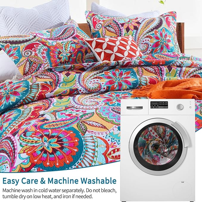 Qucover Cotton Quilt Set, Queen Size, Multicolor Paisley, Boho Style, Soft Lightweight Coverlet with 2 Pillow Shams, 90x98 Inches