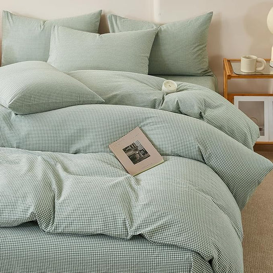 EAVD Sage Green Gingham Duvet Cover Queen Soft 100% Washed Cotton Modern Green and White Plaid Duvet Cover with 2 Pillowcases Reversible Checkered Plaid Bedding Set with Zipper Closure