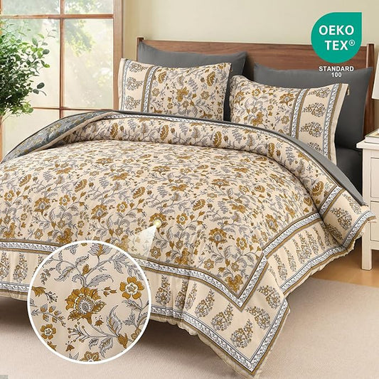 Dinjoy Comforter Set King Size Boho, Reversible Beige Bedding Paisley Floral 7 Piece Bed in a Bag Soft Lightweight Bohemain Comforters with Sheet Sets for All Season