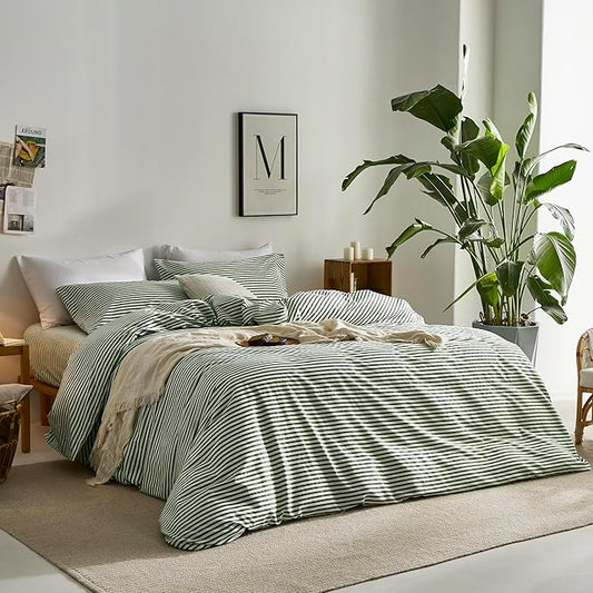 JELLYMONI 100% Natural Cotton 2pcs Striped Duvet Cover Sets,White Duvet Cover with Green Stripes Pattern Printed Comforter Cover,with Zipper Closure & Corner Ties(Twin Size)