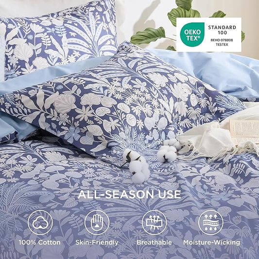 Bedsure Duvet Cover Queen Size - 100% Cotton Reversible Floral Duvet Cover Set with Zipper Closure, 3 Pieces Soft & Breathable PureWoven Vintage Indigo Blue Bedding Set with 2 Pillow Shams 20"x26"