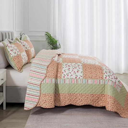 HoneiLife Queen Size Quilt Sets - Microfiber Quilt Set 3-Piece,Lightweight Bedspreads Reversible Coverlets Retro Bed Cover Floral Bedding Set, Queen Quilt Bedding Sets for All Season Use