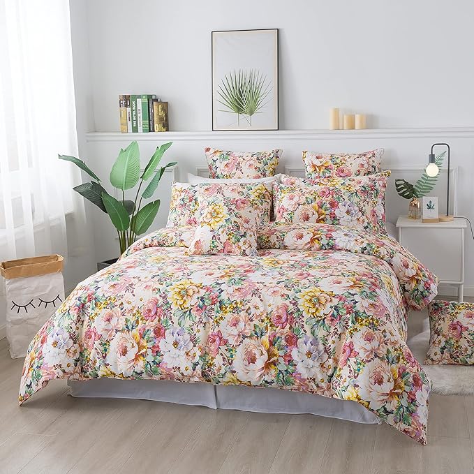 FADFAY Garden Floral Bedding Set Queen 100% Cotton 600 TC Shabby Vintage Duvet Cover Salmon Pink Large Flower Cottagecore Bedding Romantic Peony Zipper Corner Ties 3 Pcs- No Filling