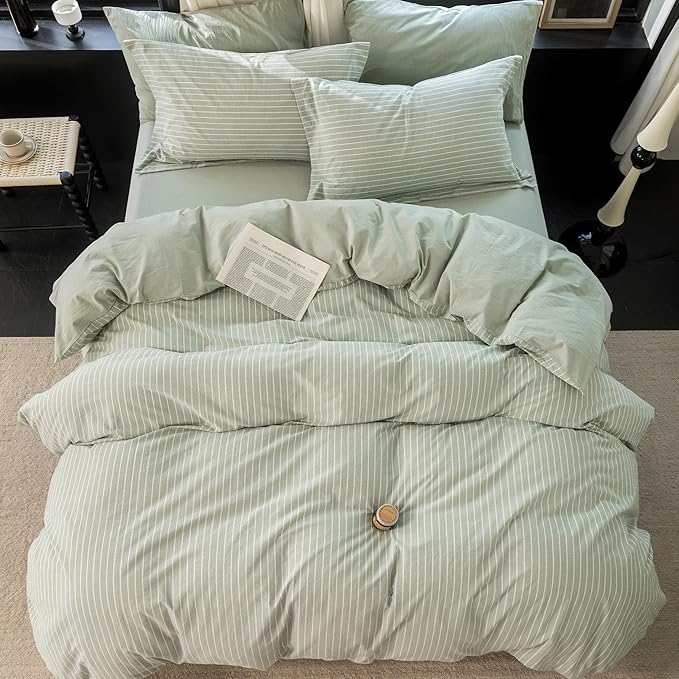 Reversible Duvet Cover Set 100% Washed Cotton Green Stripe Linen Feel Duvet Cover Oversized Queen Size with Zipper Closure & 2 Pillow Shams, Celadon Green/White Stripe Reverse Solid Green