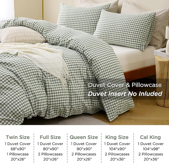 TOCOMOA Green Gingham Duvet Cover Bedding Set 100% Washed Cotton Like Linen Feel Super Soft Comfortable 3 Piece Vintage Plaid Checkered Comforter Cover Set (King 104"x90", Comforter Not Included)