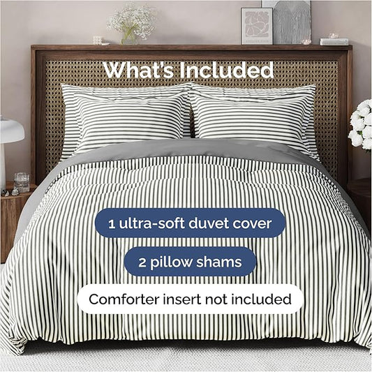 Duvet Cover Queen Size Set - Extra Soft Queen Duvet Cover 90" x 90" with 2 Pillow Shams - Hotel Luxury, Easy Care & Fade Free with Zipper Closures & Ties - Comfy, Cozy and Breathable (Grey Stripes)