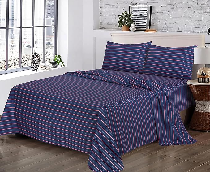 RUVANTI 100% Cotton Sheets – Queen Size Percale Bedding, Cooling & Breathable Floral Design, Durable with a Crisp, Soft & Comfortable Feel, 16" Deep Pocket, 4-Piece Set, Nautical