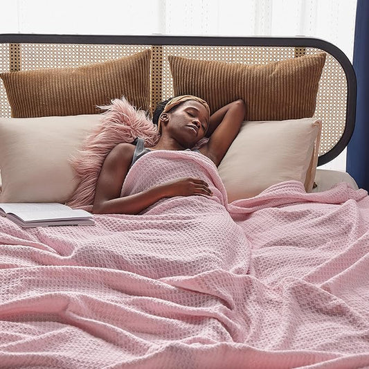 Bedsure Gentlesoft 100% Cotton Blanket King Size for Bed - Breathable and Soft for Spring Summer, Thick Cozy Waffle Weave Blanket Gifts for Women, Pink, 104x90 inches