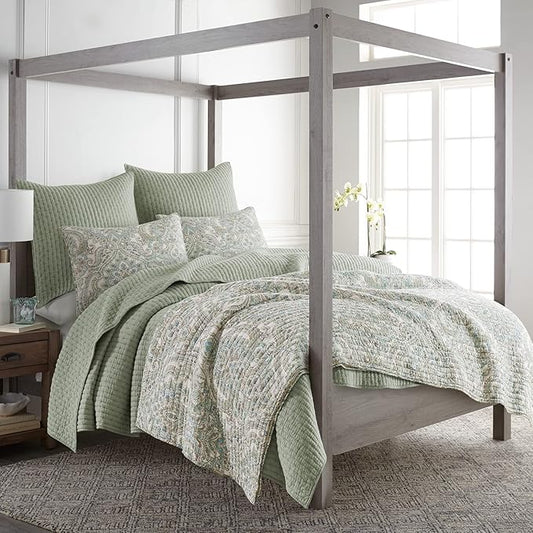 Levtex Home Cross Stitch Reversible Full/Queen Quilt Set (88x92in) and 2 Pillow Shams (26x20in) - Stitch Texture - Desert Sage - Cotton Full/Queen Size Quilt Bedding Set - Lightweight Soft Pre-Washed