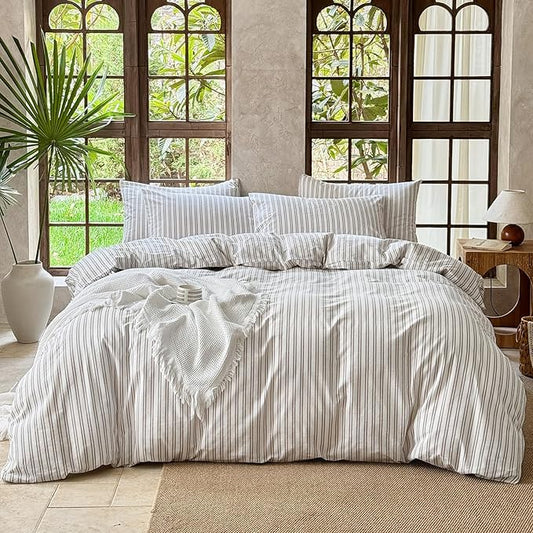 Striped Duvet Cover Set 100% Washed Cotton Linen Like Soft Feelling Breathable Bedding(Light Yellow/White Strip,Full)