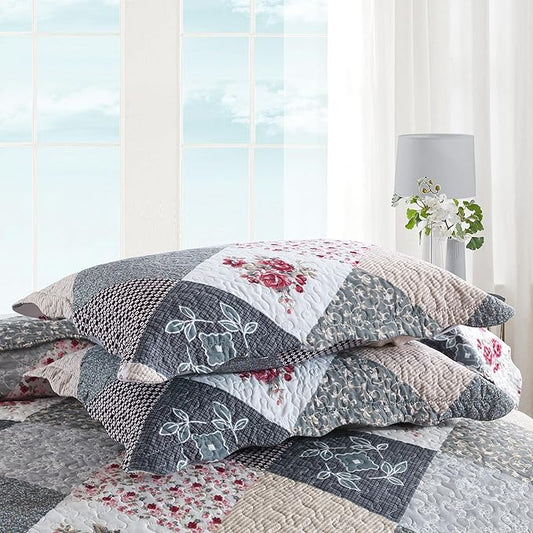 HoneiLife Quilt Set Twin Size - 2 Piece Microfiber Quilts Reversible Bedspreads Patchwork Coverlets Floral Bedding Set All Season Quilts with Geometric and Little Rose Print Pattern๏ผGrey