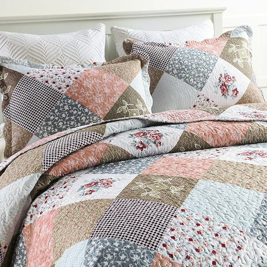 HoneiLife Quilt Set Queen Size - 3 Piece Microfiber Quilts Reversible Bedspreads Patchwork Coverlets Floral Bedding Set All Season Quilts,Mocha Rose-Queen/Full Size