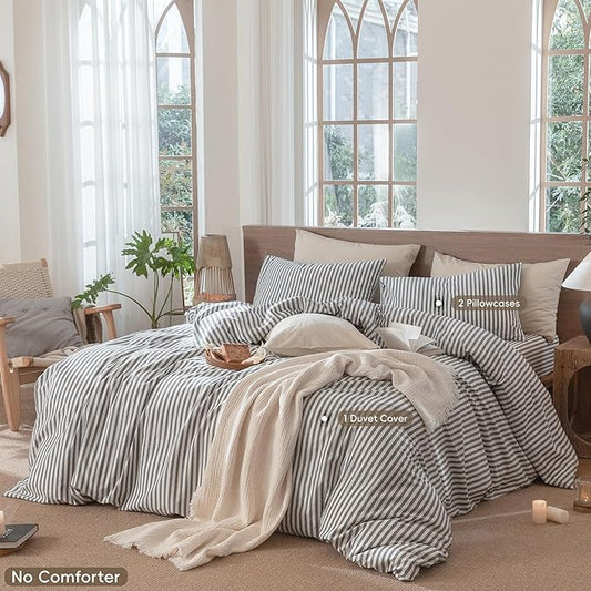 MooMee Striped Duvet Cover Set 100% Washed Cotton Linen Like Textured Breathable Durable Soft Comfy (Dark Grey White Classic Stripes, Queen 90"x90")