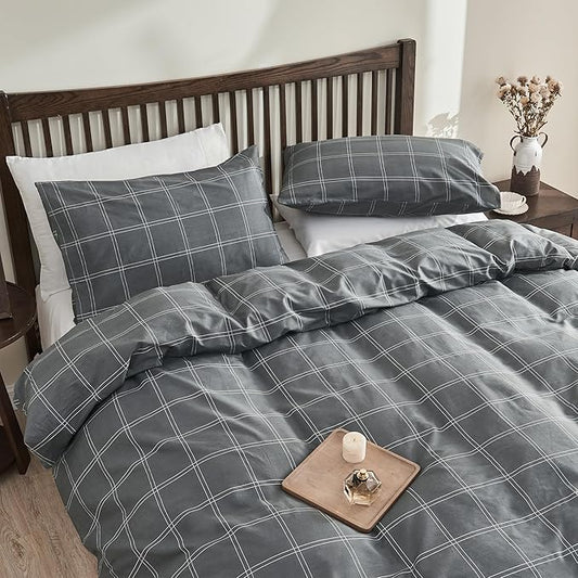 JELLYMONI 100% Natural Cotton King Duvet Cover Set, 3pcs Plaid Duvet Cover Sets with Zipper Closure, Grid Geometric Pattern Comforter Cover, Dark Grey