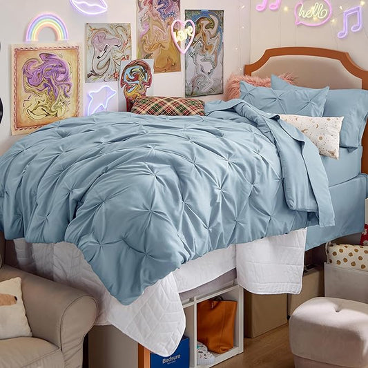 Bedsure Twin XL Comforter Set - Extra Long 5 Pieces Dorm Bedding Sets, GentleSoftโข Pinch Pleat Light Blue Bed in a Bag with Pintuck Comforter, Sheets, Pillowcase & Sham
