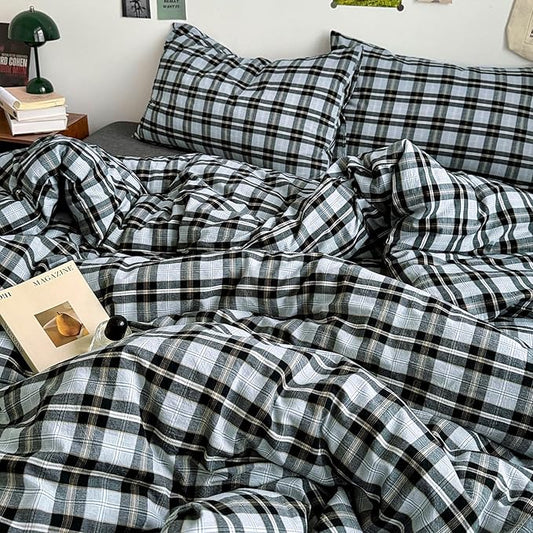 EAVD Vintage Light Blue Grey Buffalo Plaid Duvet Cover Twin Soft Washed Cotton Gingham Bedding Set with Grid Checkered Pattern Farmhouse Geometric Duvet Cover with 2 Pillowcases for Boys Men Women