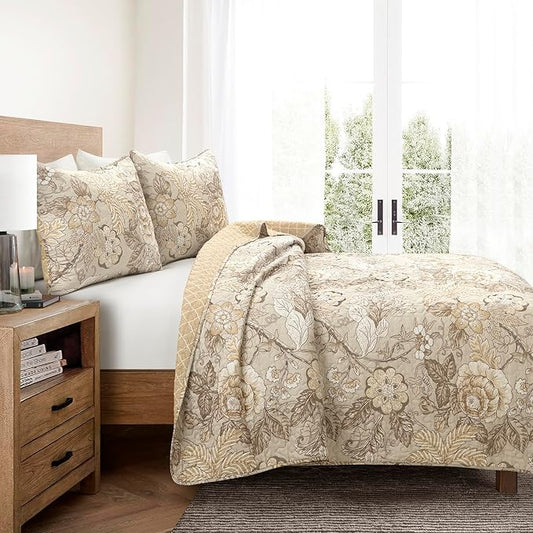 Lush Decor Sydney Reversible Cotton Quilt Neutral, 3 Piece Set, Full/Queen, Neutral - Cotton Bedding Set - Beige Floral Quilt - Cottage Decor - Bedding Queen Size