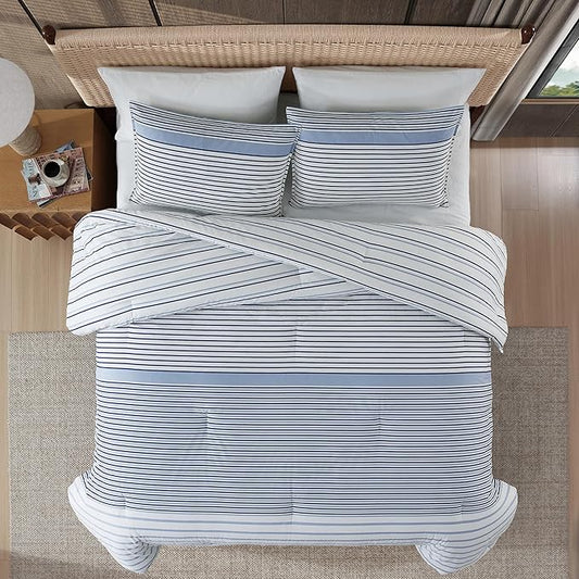 Eddie Bauer - Full/Queen Comforter Set, Super Soft Bedding with Matching Shams, Two-Piece Back Closure, Modern Room Essentials (Cooper Stripe Blue, Full/Queen)