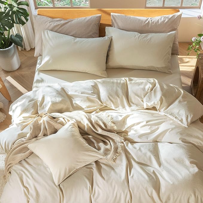 MooMee Bedding Pillowcases Pack of 2 100% Washed Cotton Linen Like Textured Breathable Durable Soft Comfy (Heathered Almond Milk Grey, Queen)