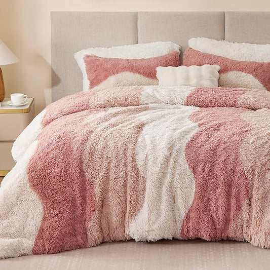 Intelligent Design Soft & Cozy Shaggy Faux Fur Comforter Set, Trendy Ombre Design with Vibrant Color, All Season, Down Alternative Bedding, Matching Sham, Cassie Full/Queen Blush Multi 3 Piece