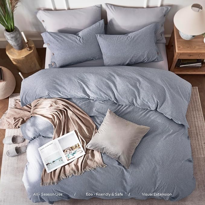 JELLYMONI Cotton Duvet Cover Queen Size - Blue Vertical Pinstriped Comforter Cover with Button 100% Washed Cotton 3PCS Breathable Soft Solid Bedding Set Duvet Cover 90×90in & 2 Pillowcases