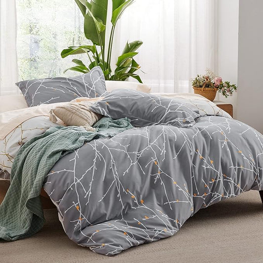 Bedsure Duvet Cover Twin Size - Reversible Botanical Duvet Cover Set with Zipper Closure, 2 Pieces Grey Bedding Set with 8 Corner Ties and 1 Pillow Sham 20"x26"