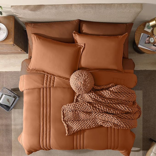 Monbix Queen Comforter Set - 7 Pieces Burnt Orange Bed in a Bag Queen Bedding Sets with Comforters, All Seasons Comforter Bed Set with Sheets, Pillowcases & Shams