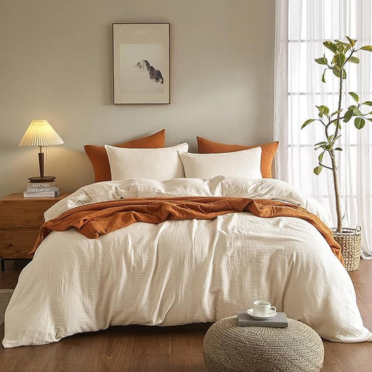 SE SOFTEXLY Muslin Duvet Cover Twin Size, 100% Washed Cotton Duvet Cover Set, Ultra Soft Comforter Cover Linen Like, 2 Pieces Minimalist Gauze Duvet Cover with 1 Pillowcase, 68"x90", Off-White