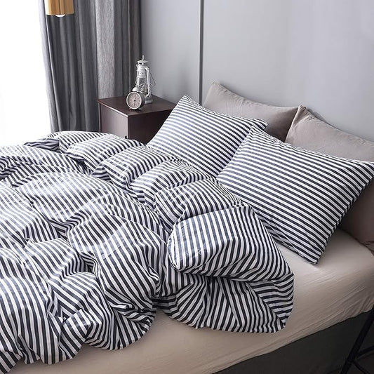 JELLYMONI 100% Natural Cotton 3pcs Striped Duvet Cover Sets,White Duvet Cover with Navy Blue Stripes Pattern Printed Comforter Cover,with Zipper Closure & Corner Ties(Full Size)