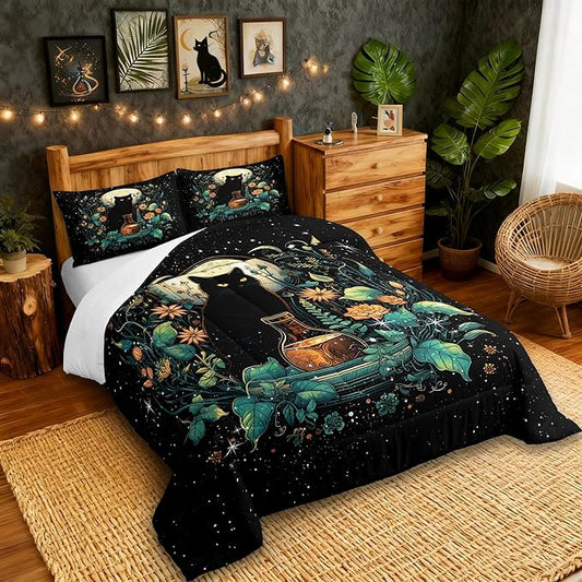 Castle Fairy Cute Cat Kids Comforter Set King Size,Flower Leaves Bedding Set Moon Night Starry Sky Quilt Set for Girls Boys Teens Room Decor,Trippy Pet Animals Plant Duvet Insert,2 Pillowcases,Black