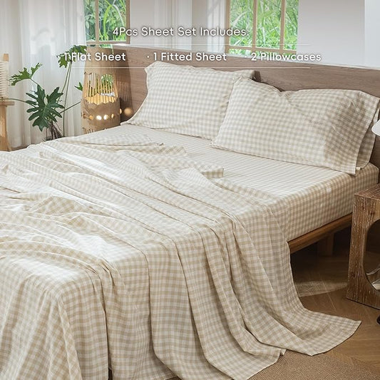 MooMee Gingham Sheet Set 100% Washed Cotton Linen Like Textured Breathable Soft w/ Fully Elasticized 16-19" Deep Pocket (Classic Gingham Almond Milk Grey, Queen)