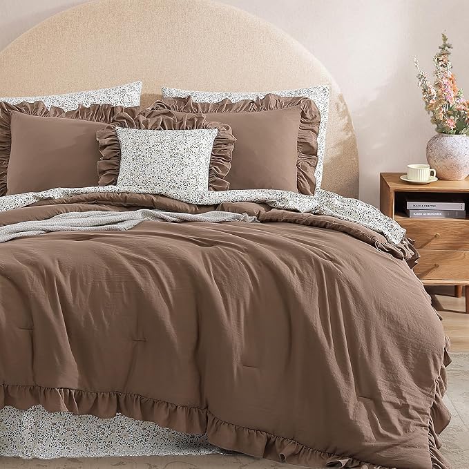 Oversized Queen Comforter Set - 7 Pieces Ruffle Amber Brown Bedding Sets, Shabby Chic Farmhouse Bed in a Bag with Ruffle Comforter, Floral Sheets, Pillowcases & Shams