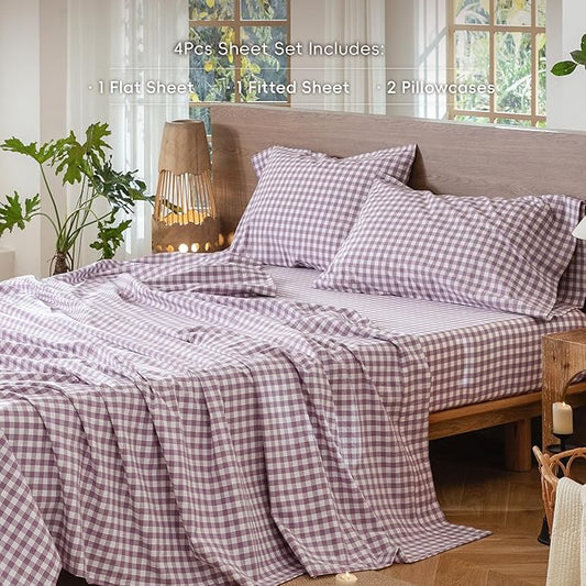 MooMee Gingham Sheet Set 100% Washed Cotton Linen Like Textured Breathable Soft w/Fully Elasticized 16-19" Deep Pocket (Classic Gingham Light Purple, Queen)