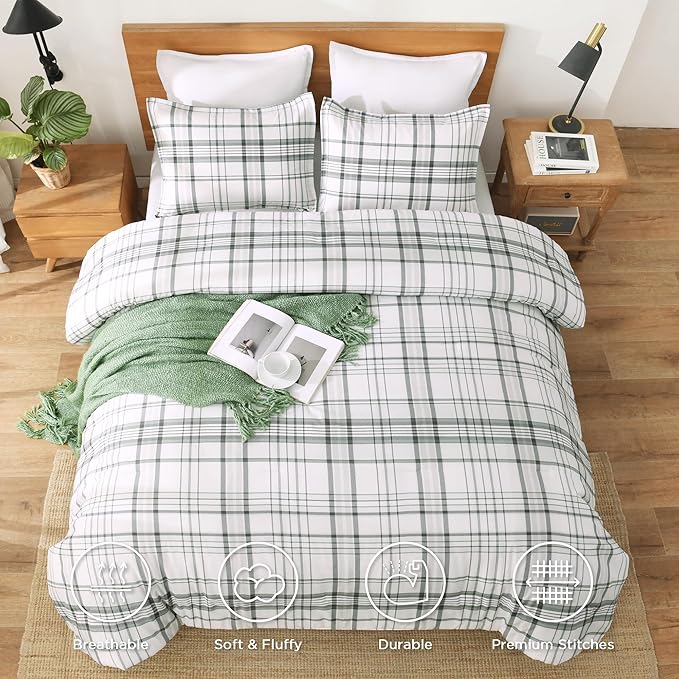 Andency Green White Plaid Comforter Set Twin(66x90 Inch), 2 Pieces Preppy Grid Gingham Stripes Bedding Comforter Sets for Boys Girls Kids, Green Line Soft Lightweight Geometric Reversible Bed Set