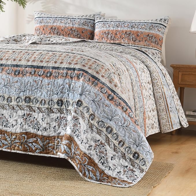 Boho Style Twin Size Quilt Set Mocha Brown Bohemian Floral Strip Quilt Beddding Set, Soft and Lightweight Bedspread for All Season,XL Twin Bed Coverlet with 1 Matching Pillow Sham (2 Pieces)
