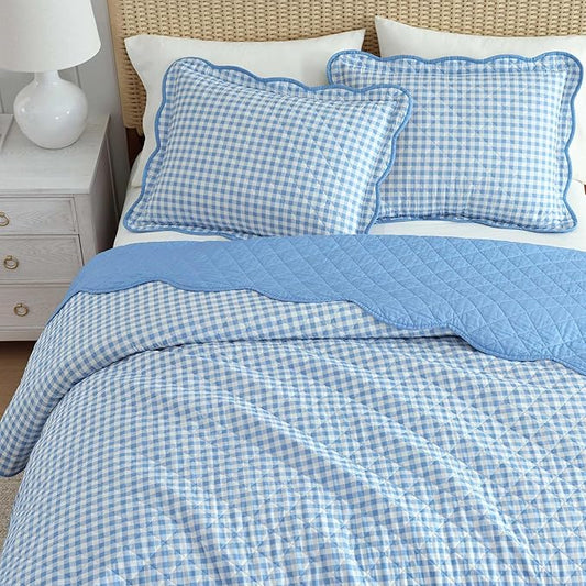 Martha Stewart - Queen Quilt Set, 100% Soft & Breathable Bedding with a Lightweight Feel for Year Round Comfort, 3 Piece Bed Set with Matching Pillowcases (Olivia Gingham Blue)
