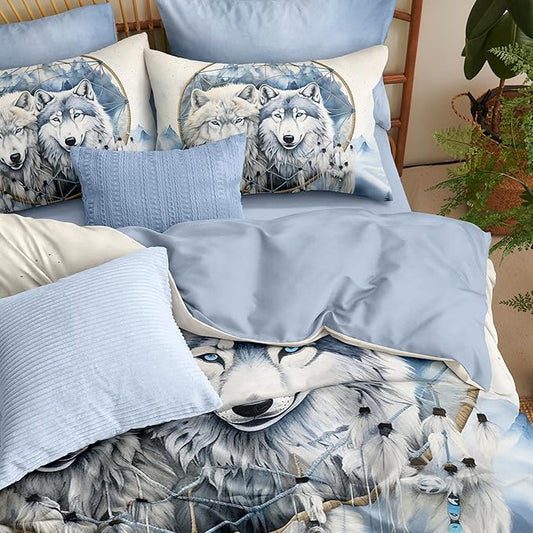 Grey Wolf Comforter Set King Size,Grey and White Dreamcatcher Soft Bedding for Adult,Wild Animal Print Lightweight Microfiber Comforter with 2 Pillowcases/104 * 90